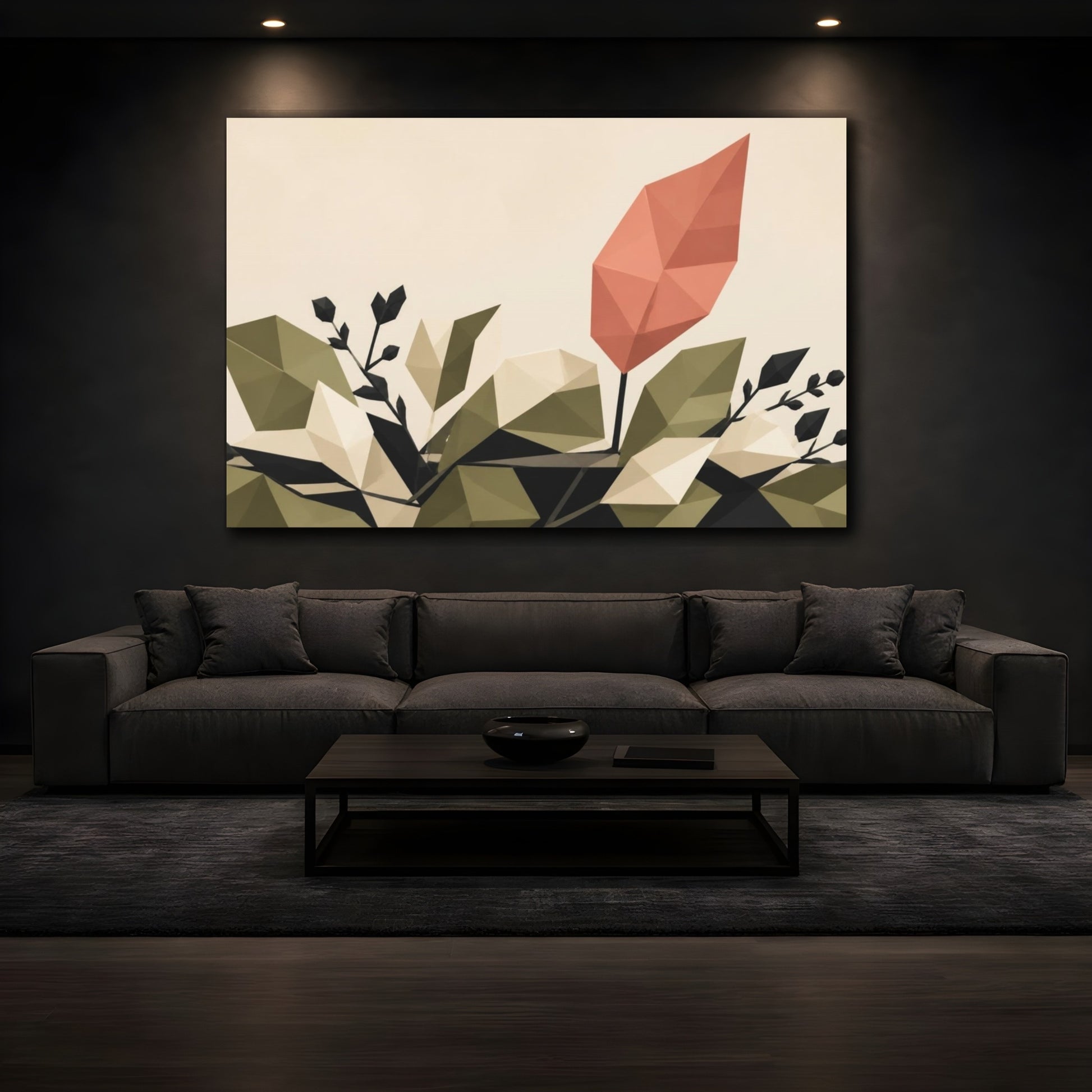 Mockup 3. Modern Coral Leaf shown as canvas print