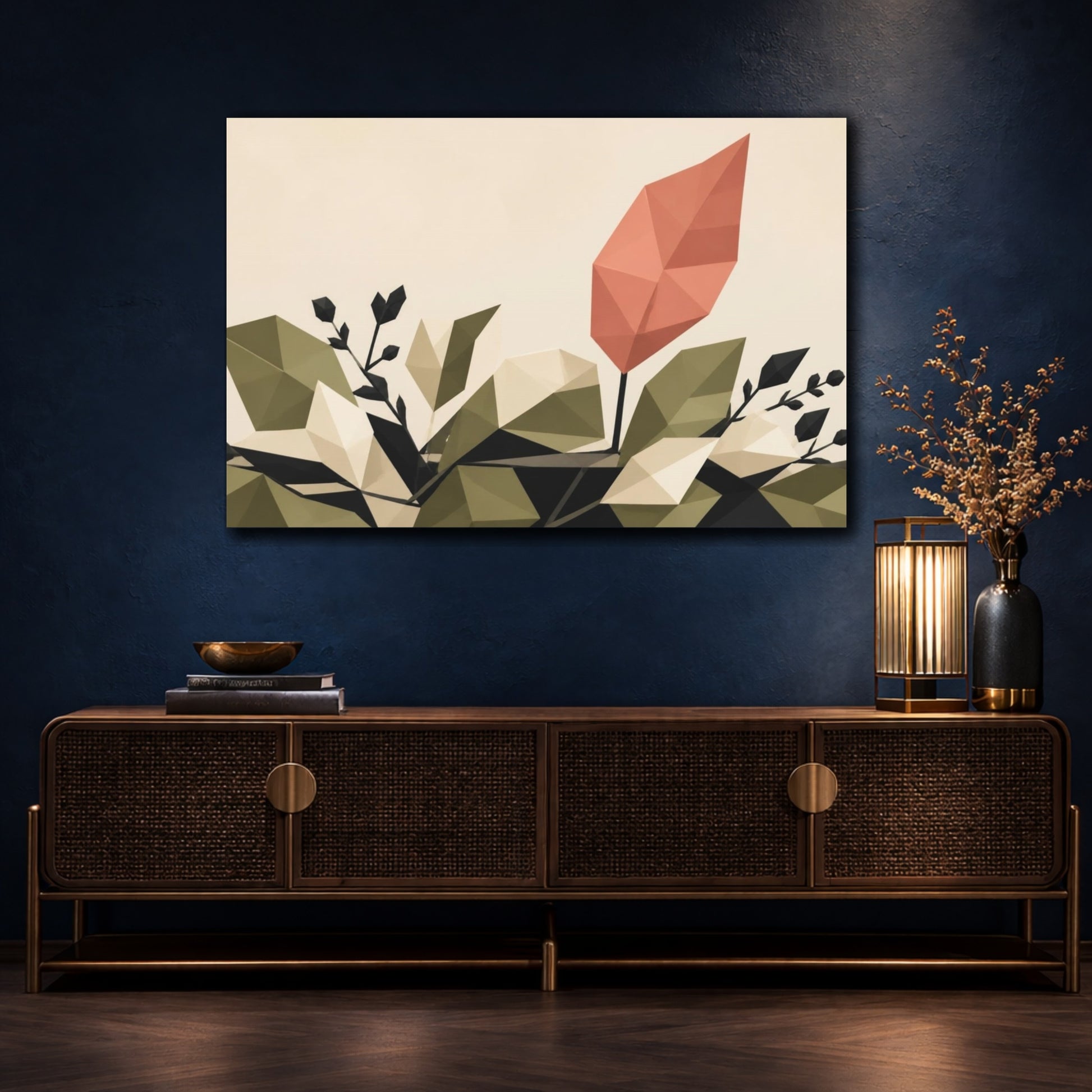 Mockup 4. Modern Coral Leaf shown as canvas print