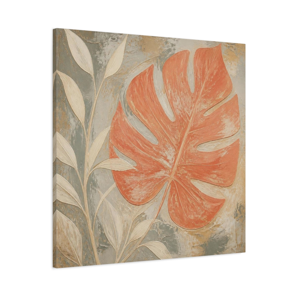 Main Mockup. Modern Coral Monstera Leaf shown as canvas print