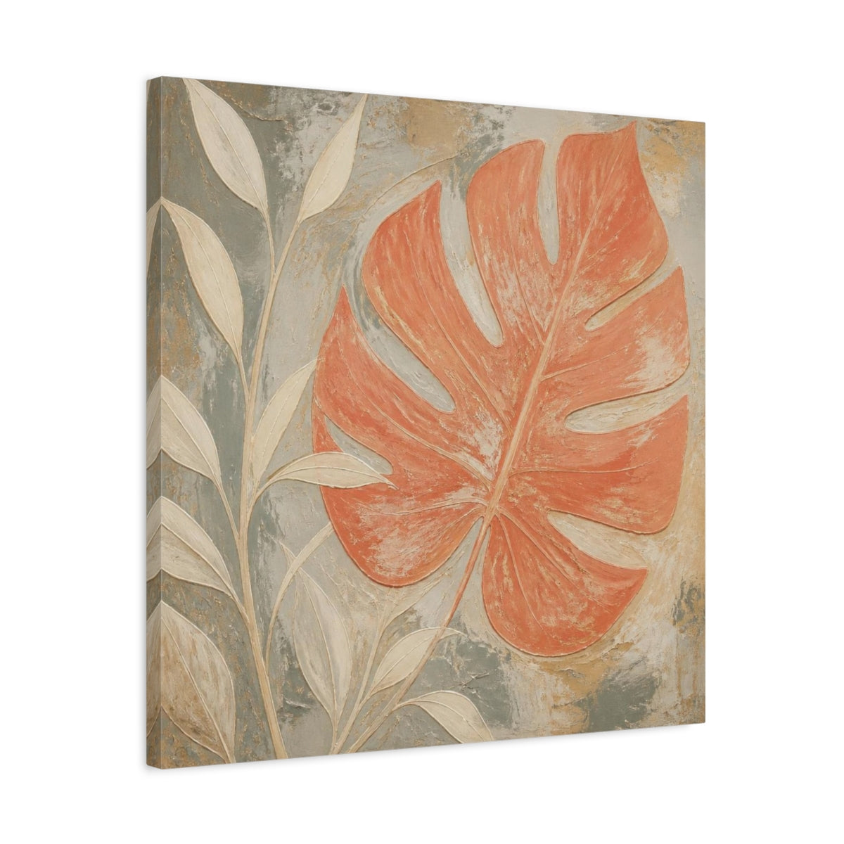 Side Mockup 4. Modern Coral Monstera Leaf shown as canvas print