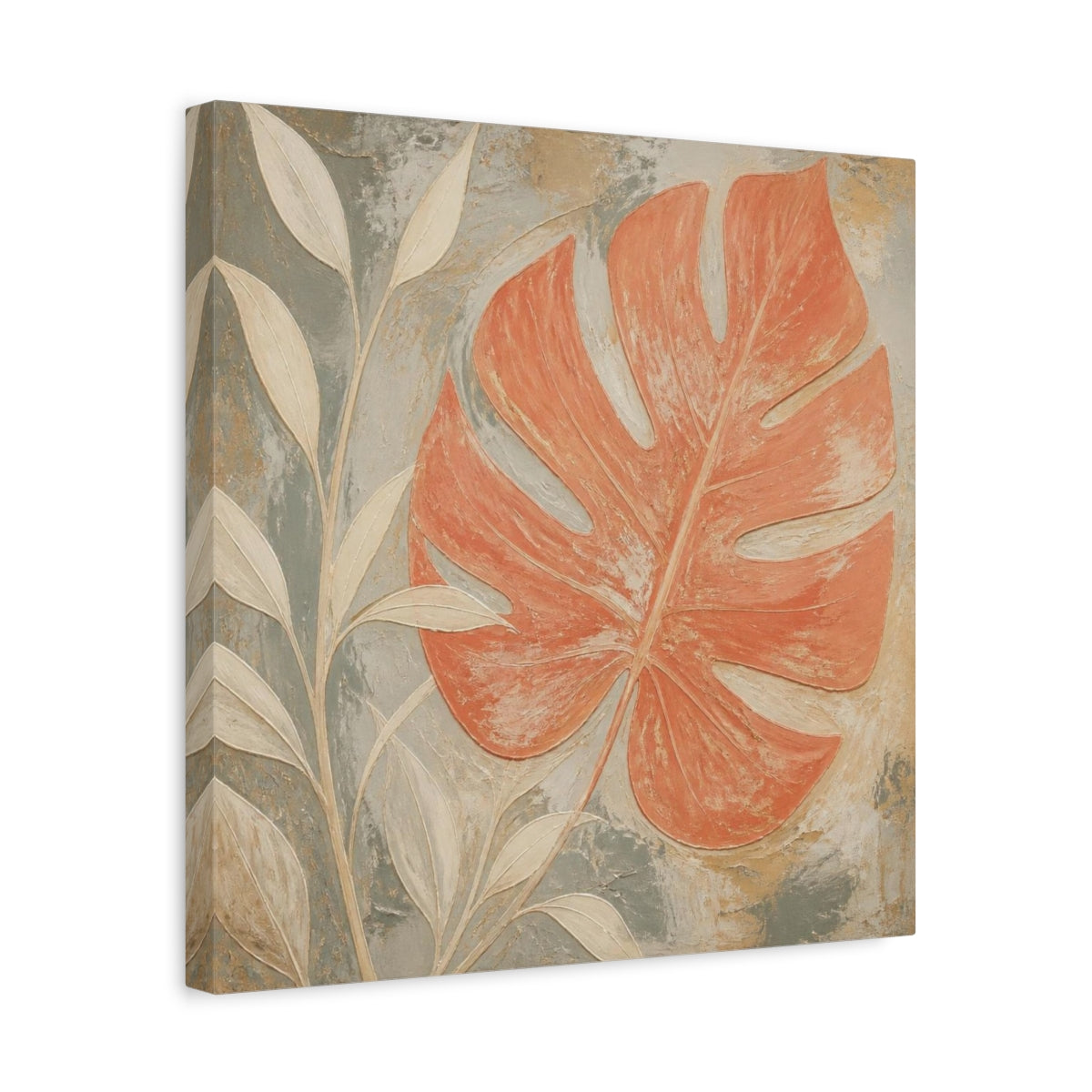 Side Mockup 6. Modern Coral Monstera Leaf shown as canvas print