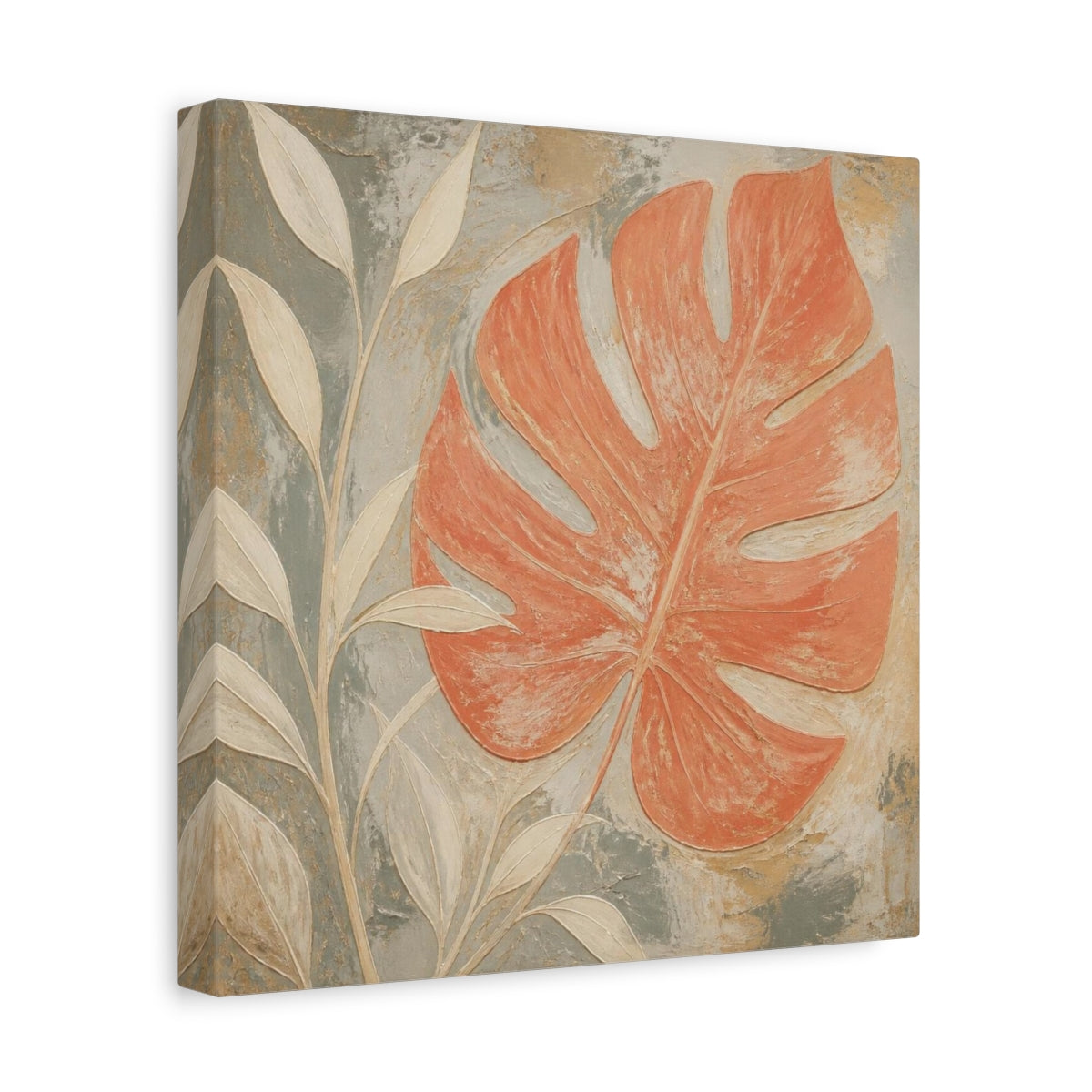 Side Mockup 8. Modern Coral Monstera Leaf shown as canvas print