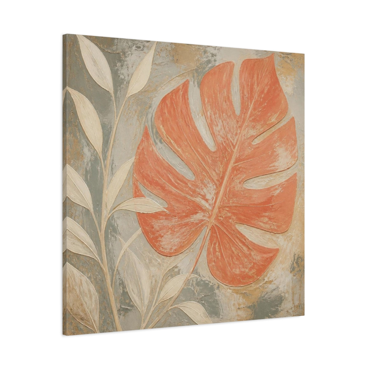 Side Mockup 1. Modern Coral Monstera Leaf shown as canvas print