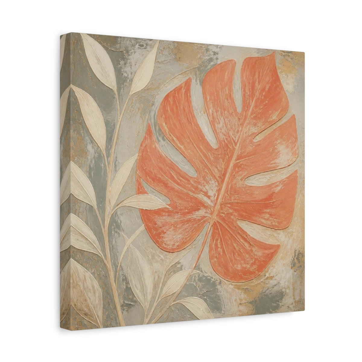 Side Mockup 7. Modern Coral Monstera Leaf shown as canvas print