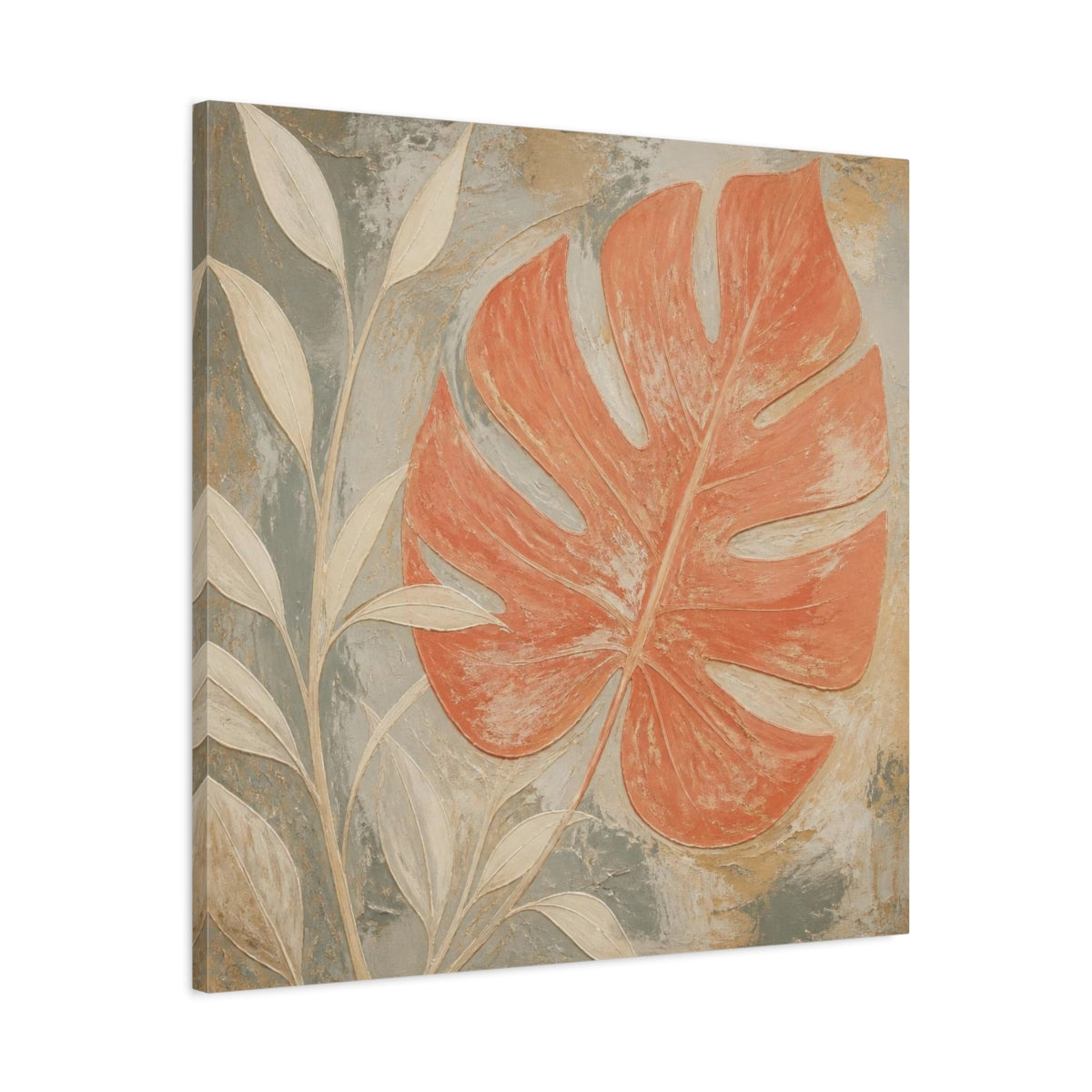 Side Mockup 3. Modern Coral Monstera Leaf shown as canvas print