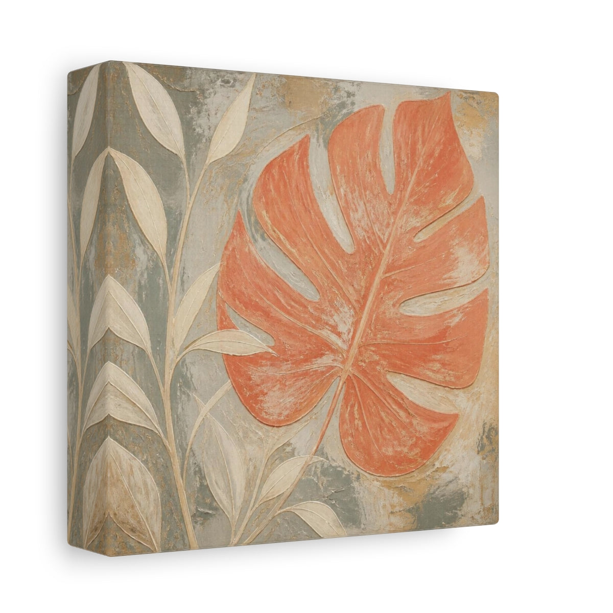 Side Mockup 2. Modern Coral Monstera Leaf shown as canvas print