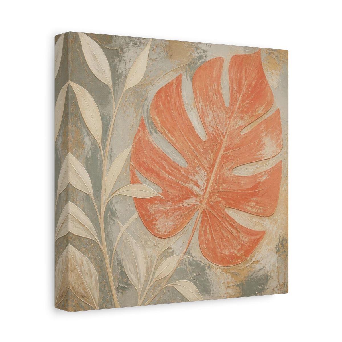 Side Mockup 9. Modern Coral Monstera Leaf shown as canvas print