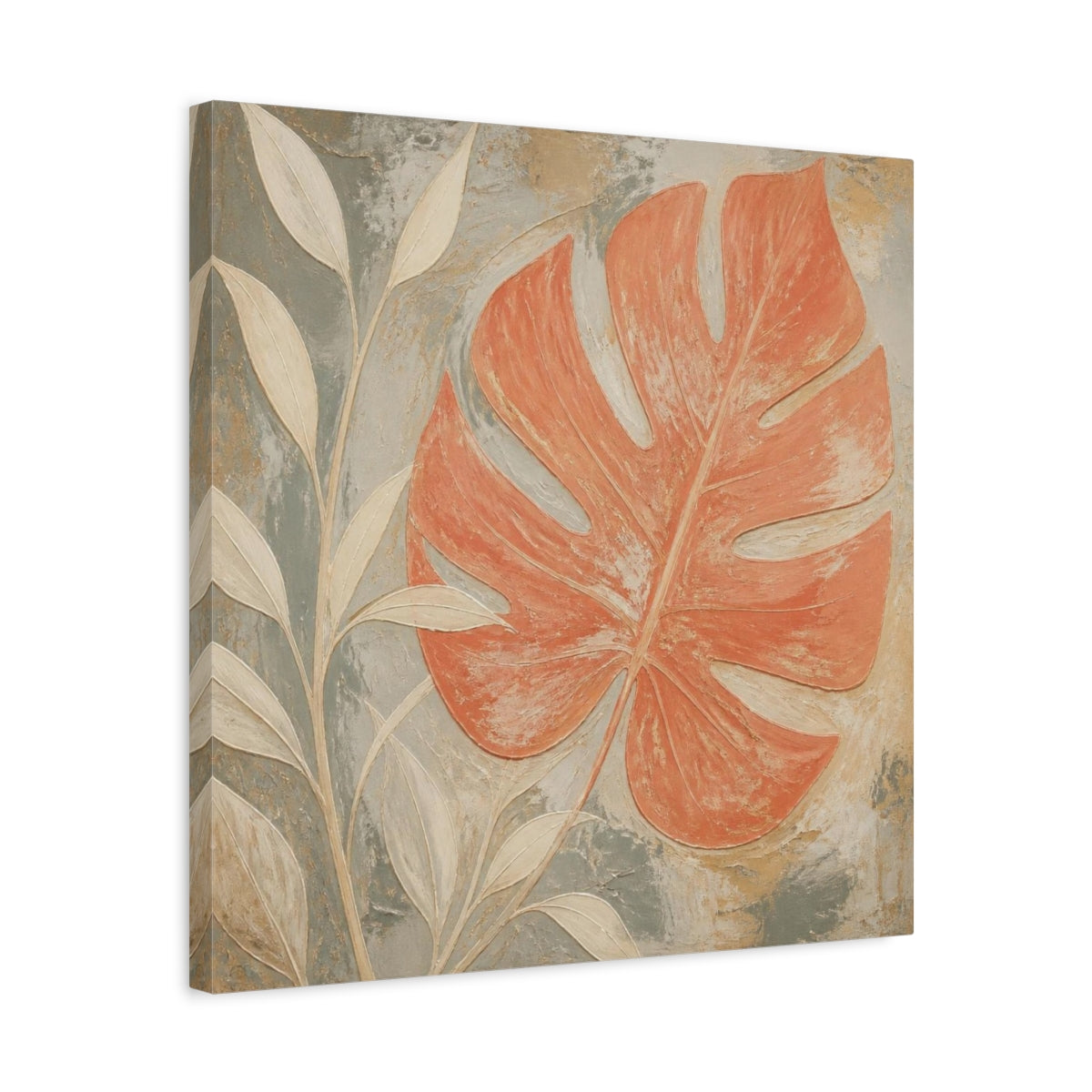Side Mockup 5. Modern Coral Monstera Leaf shown as canvas print