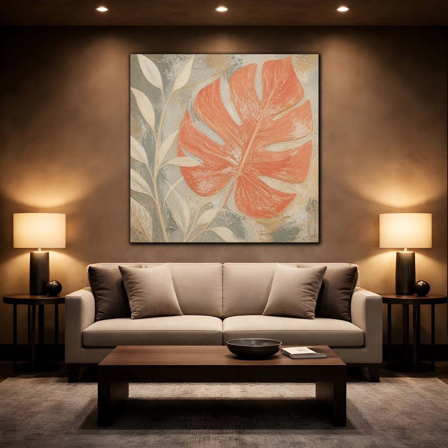 Mockup 2. Modern Coral Monstera Leaf shown as canvas print