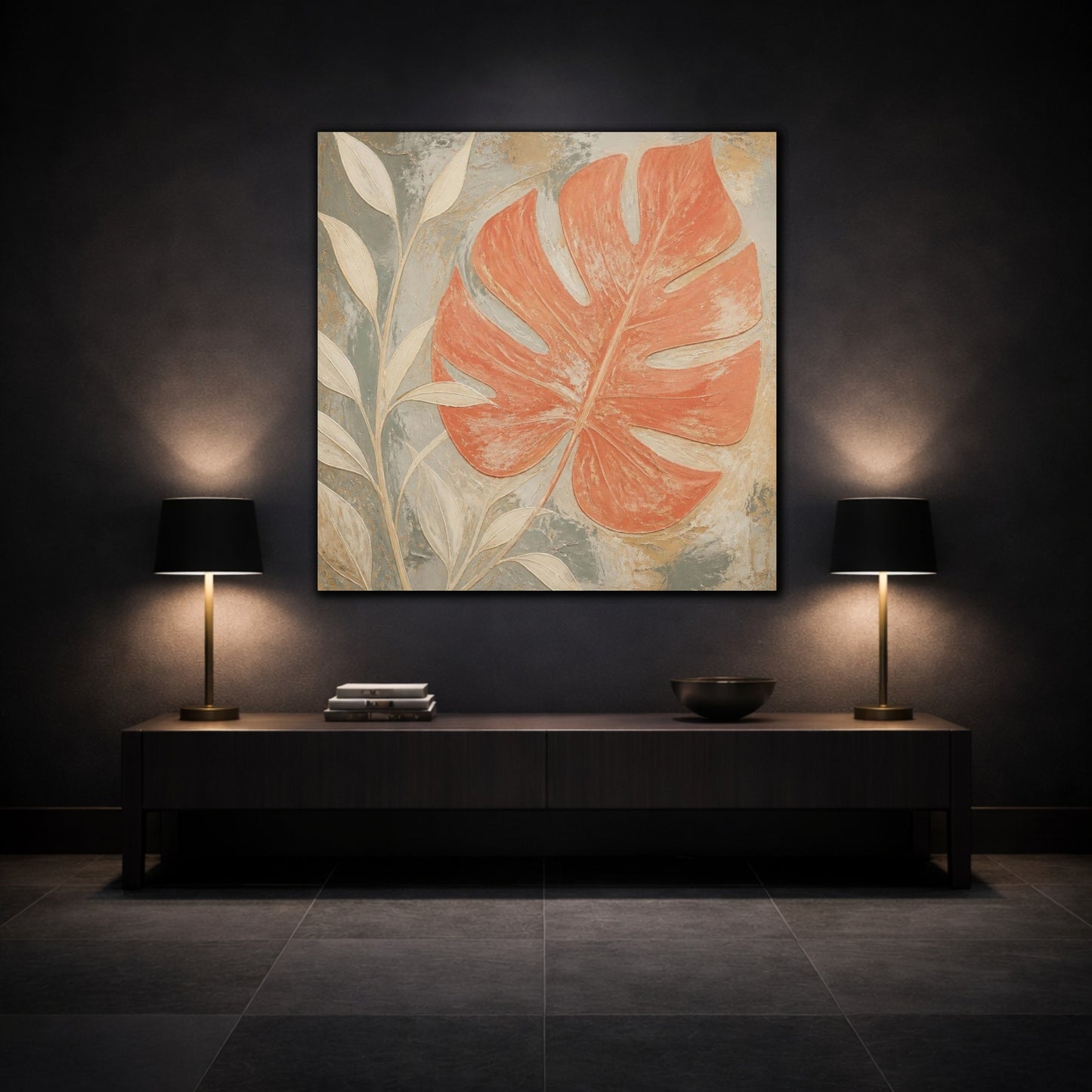 Mockup 3. Modern Coral Monstera Leaf shown as canvas print