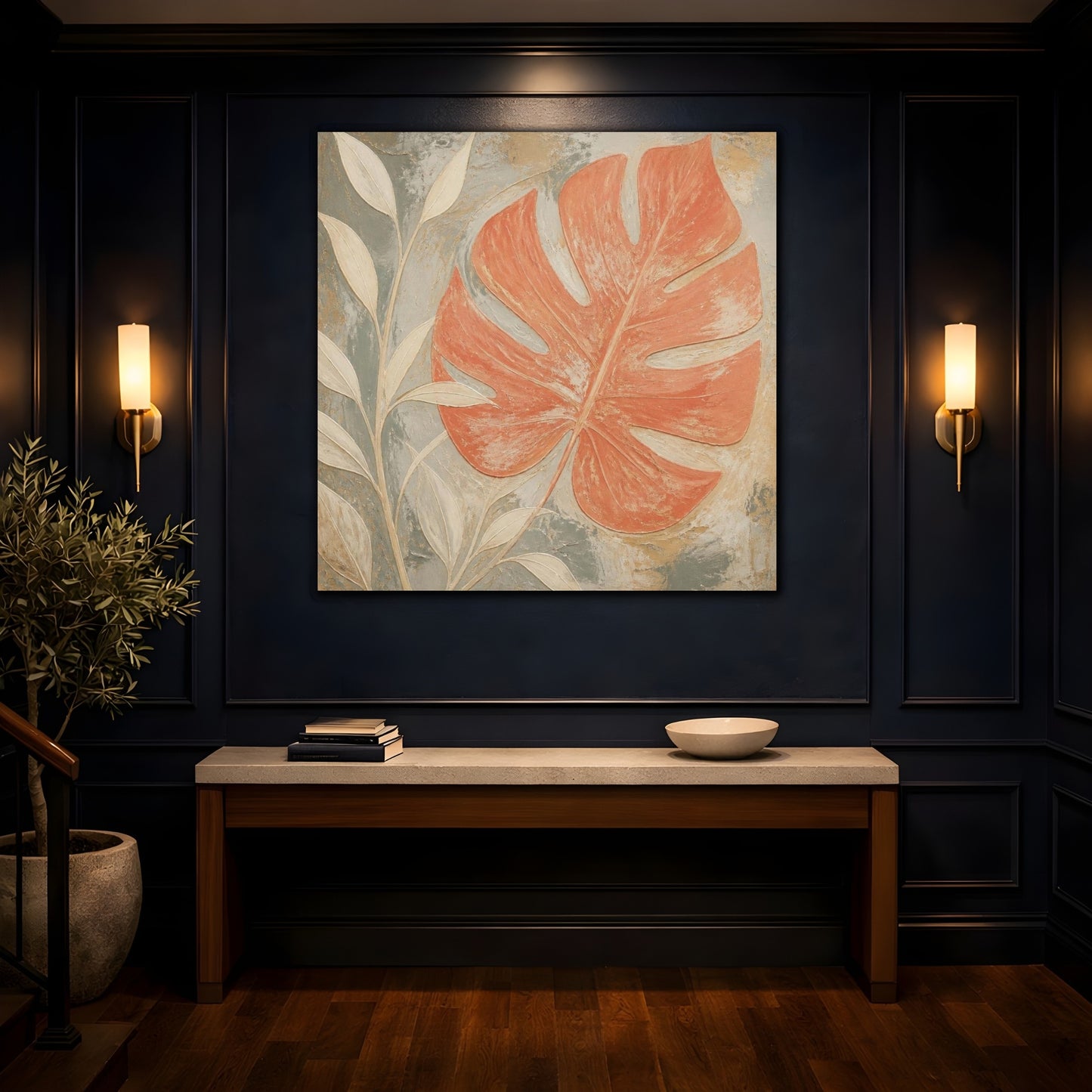 Mockup 4. Modern Coral Monstera Leaf shown as canvas print