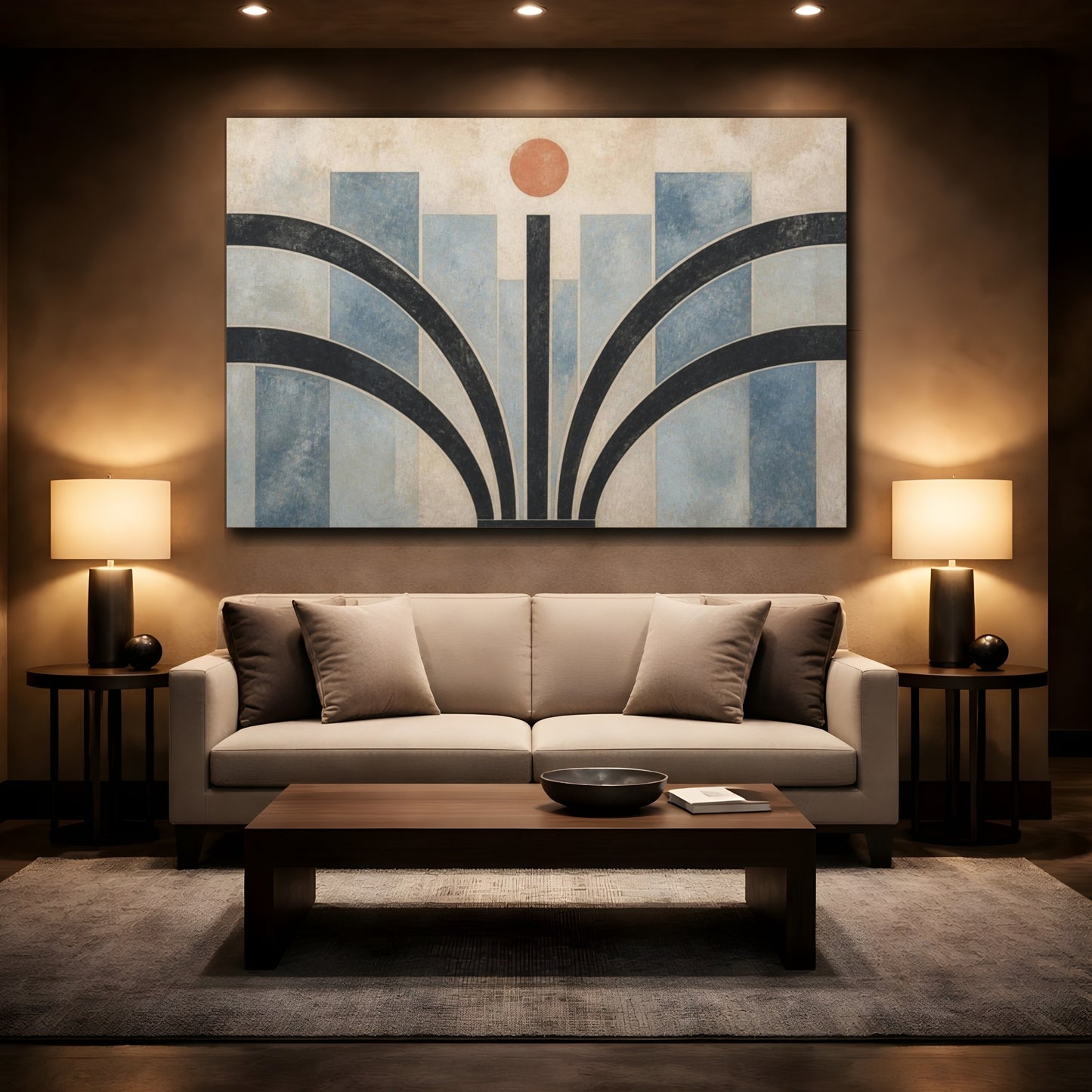 Mockup 2. Modern Coral Sun Arches shown as canvas print