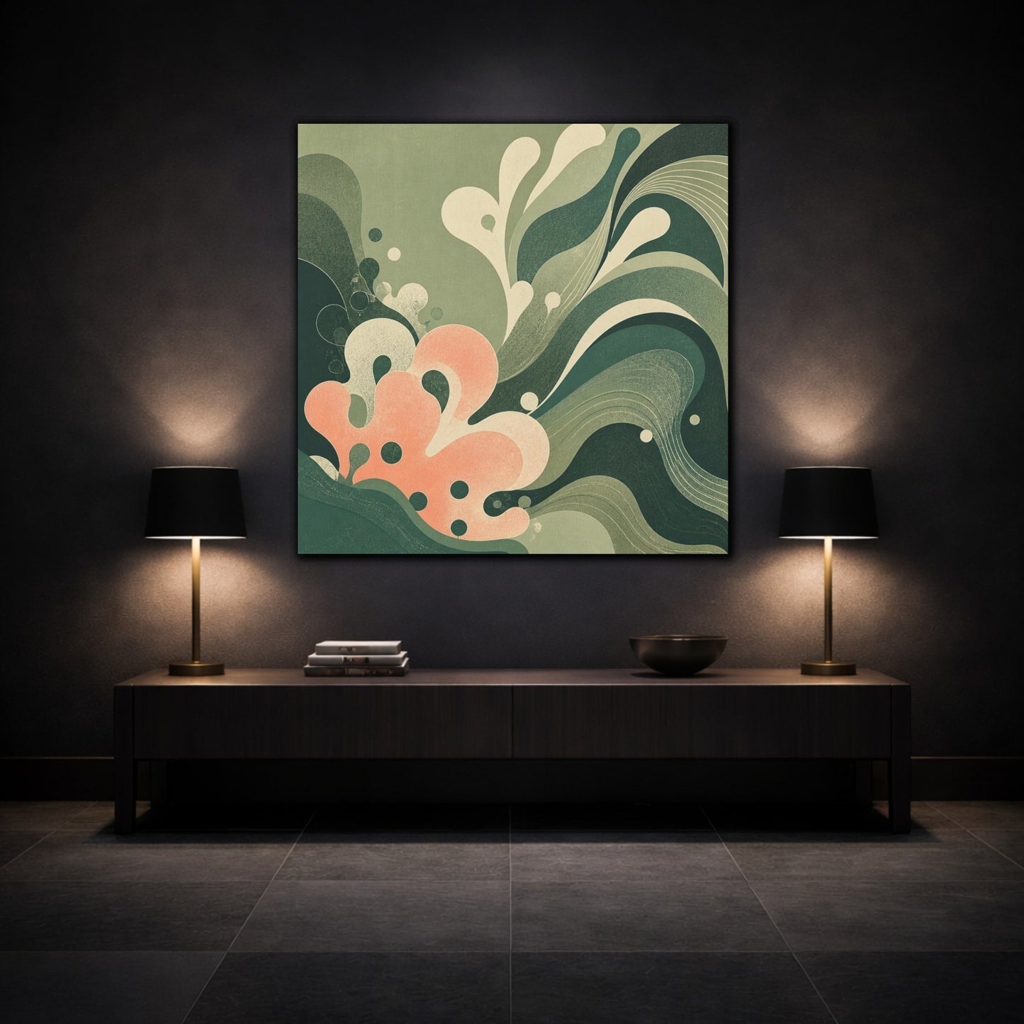 Mockup 3. Modern Coral Wave shown as canvas print