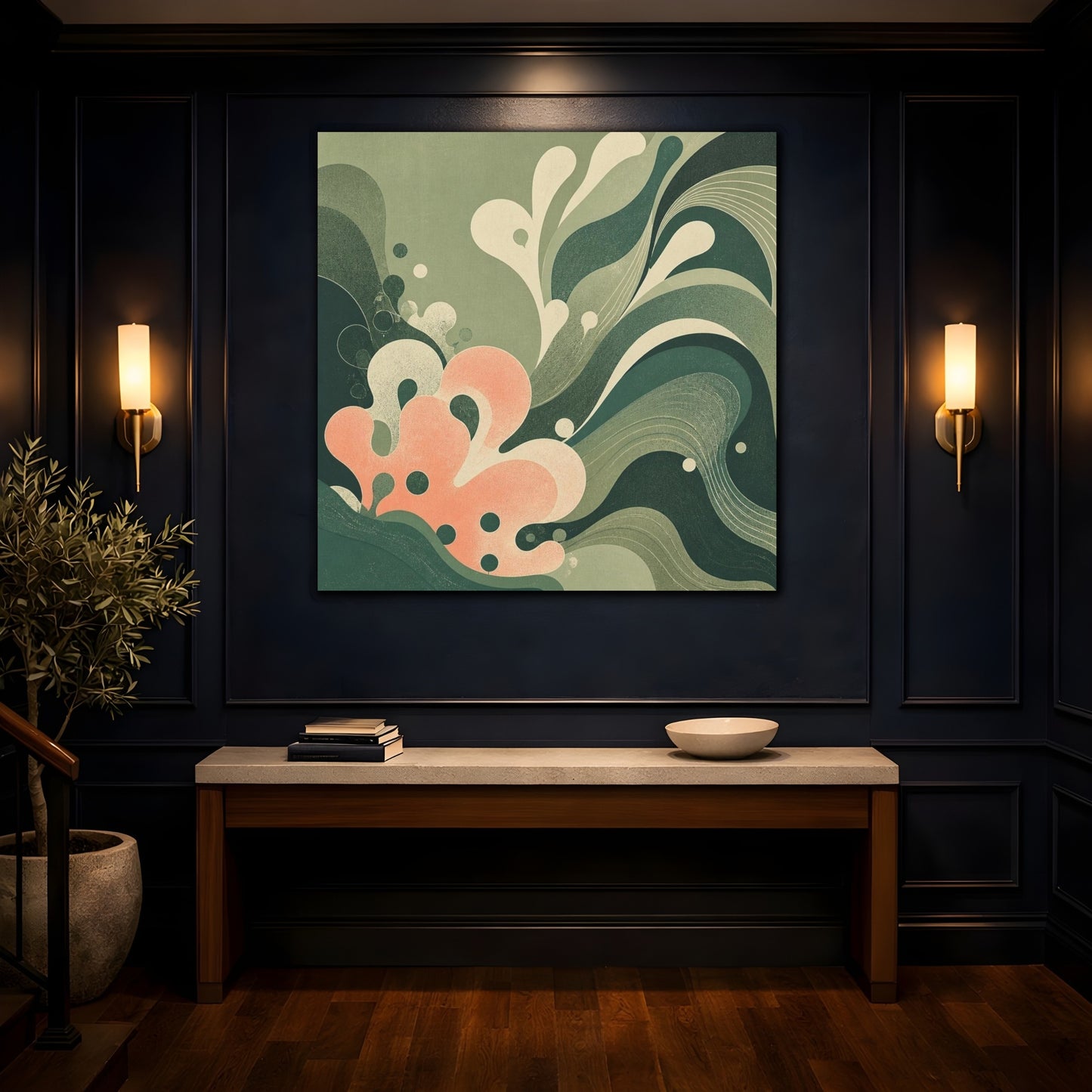 Mockup 4. Modern Coral Wave shown as canvas print
