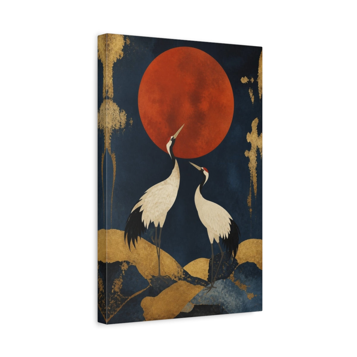 Side Mockup 4. Modern Cranes Beneath Red Moon shown as canvas print