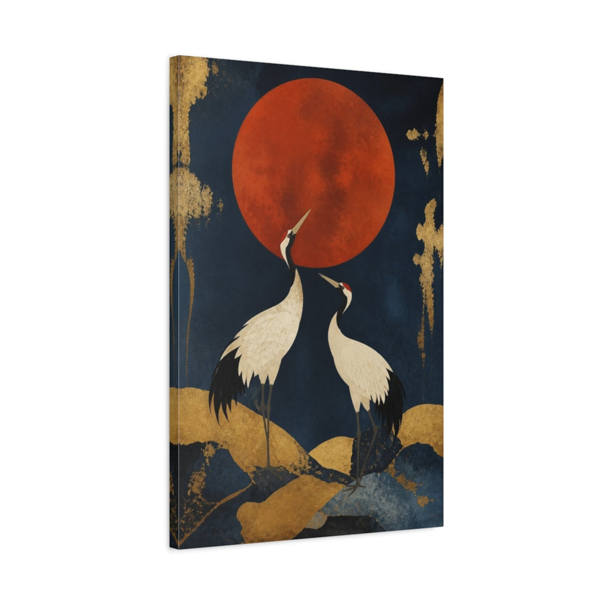 Side Mockup 2. Modern Cranes Beneath Red Moon shown as canvas print