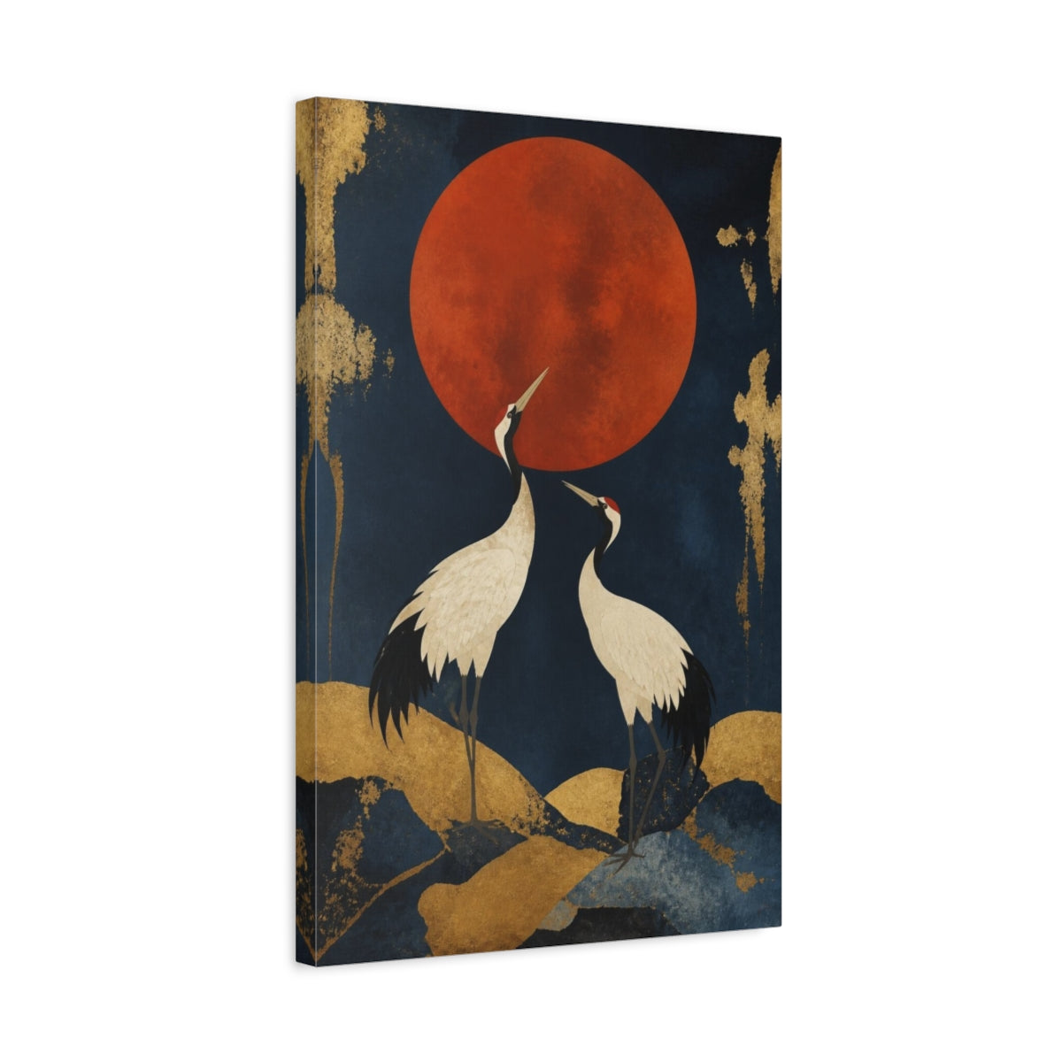 Side Mockup 3. Modern Cranes Beneath Red Moon shown as canvas print