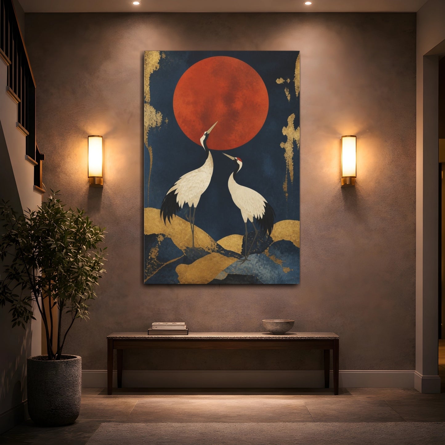 Mockup 2. Modern Cranes Beneath Red Moon shown as canvas print
