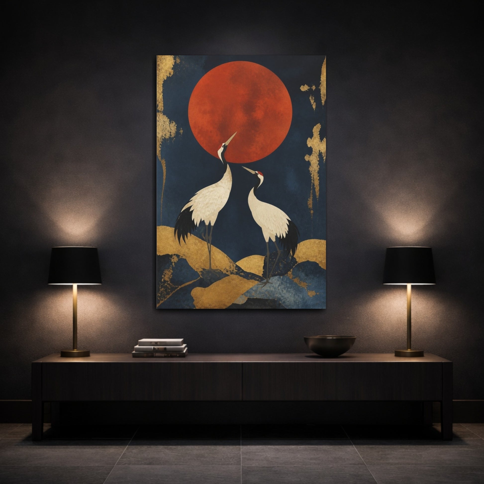 Mockup 3. Modern Cranes Beneath Red Moon shown as canvas print