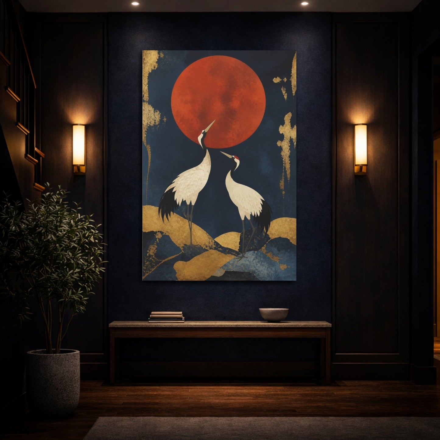 Mockup 4. Modern Cranes Beneath Red Moon shown as canvas print