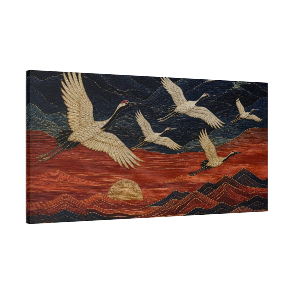 Main Mockup. Modern Cranes In Flight shown as canvas print