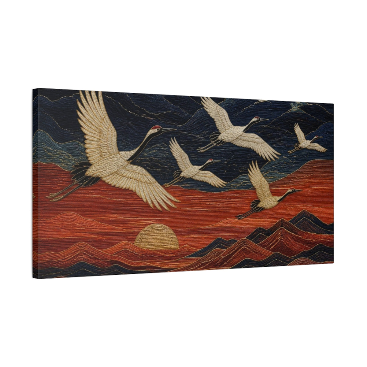 Side Mockup 1. Modern Cranes In Flight shown as canvas print