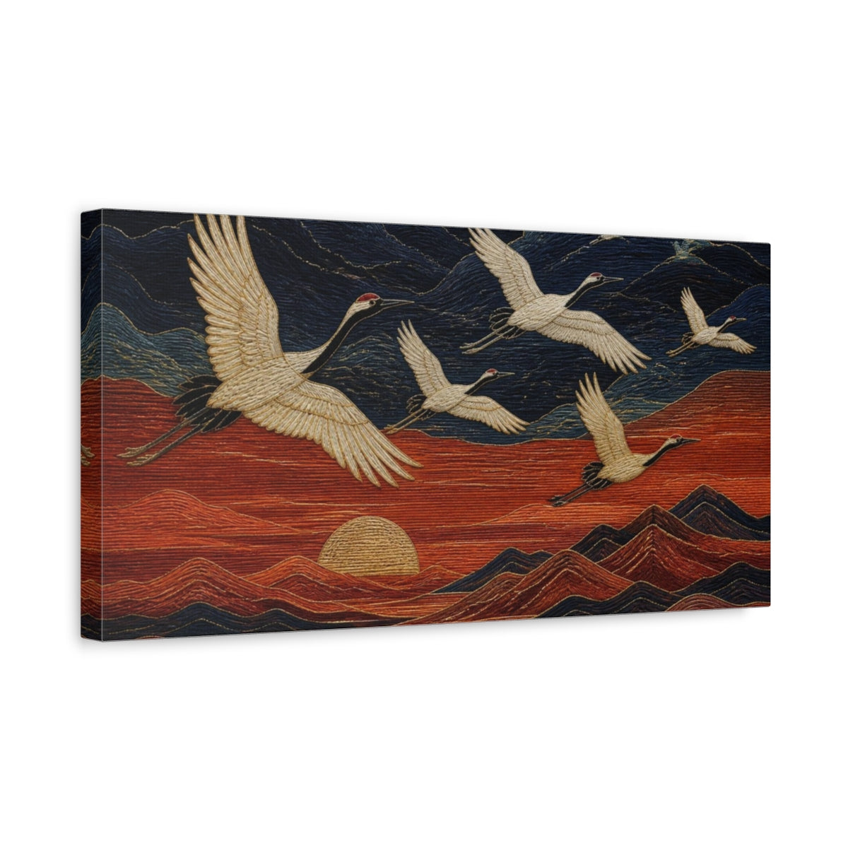 Side Mockup 3. Modern Cranes In Flight shown as canvas print