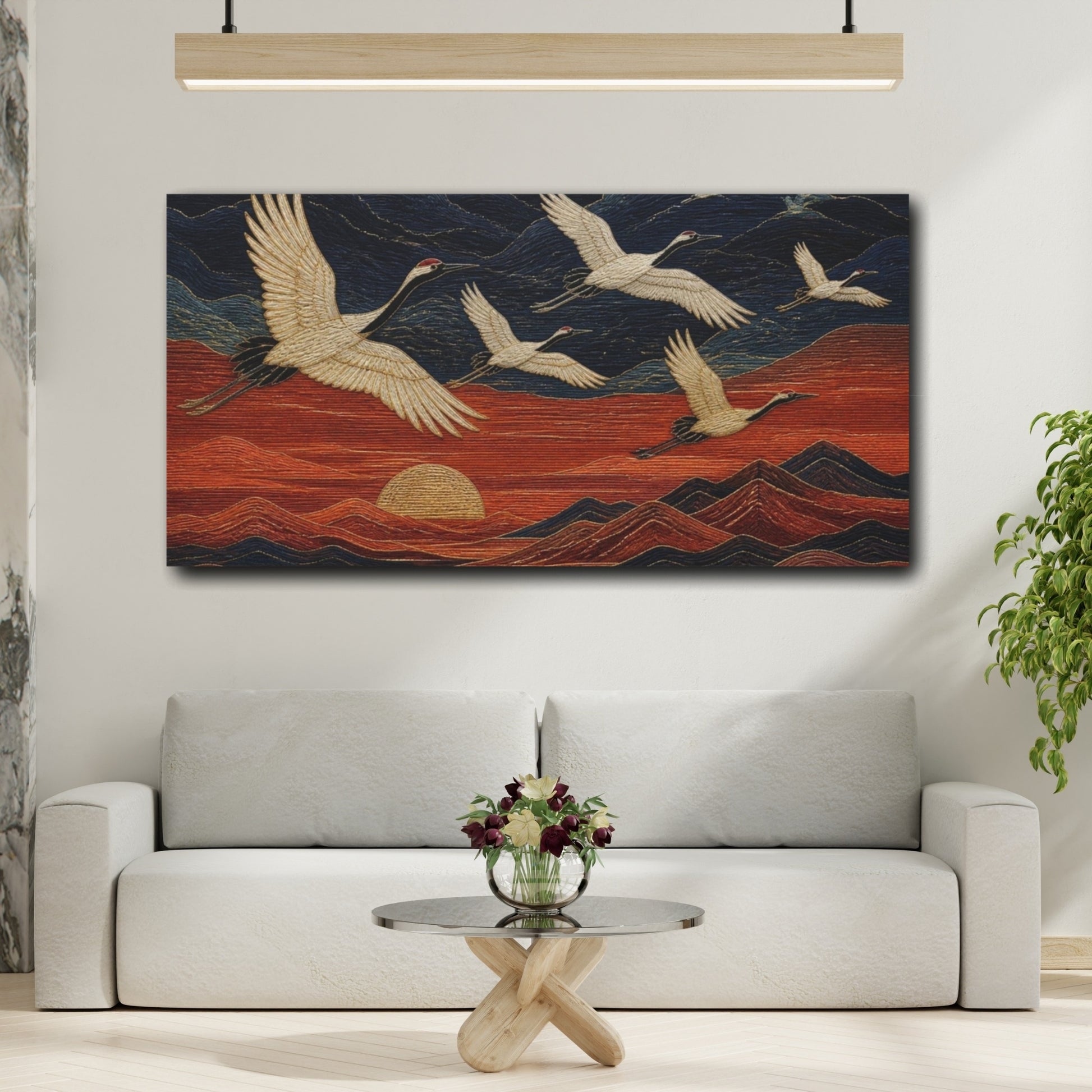 Mockup 2. Modern Cranes In Flight shown as canvas print