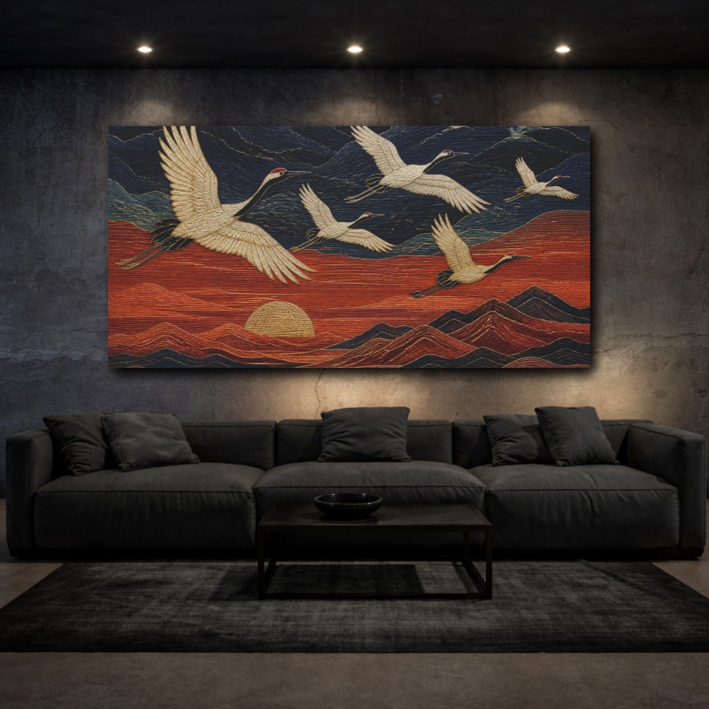 Mockup 3. Modern Cranes In Flight shown as canvas print