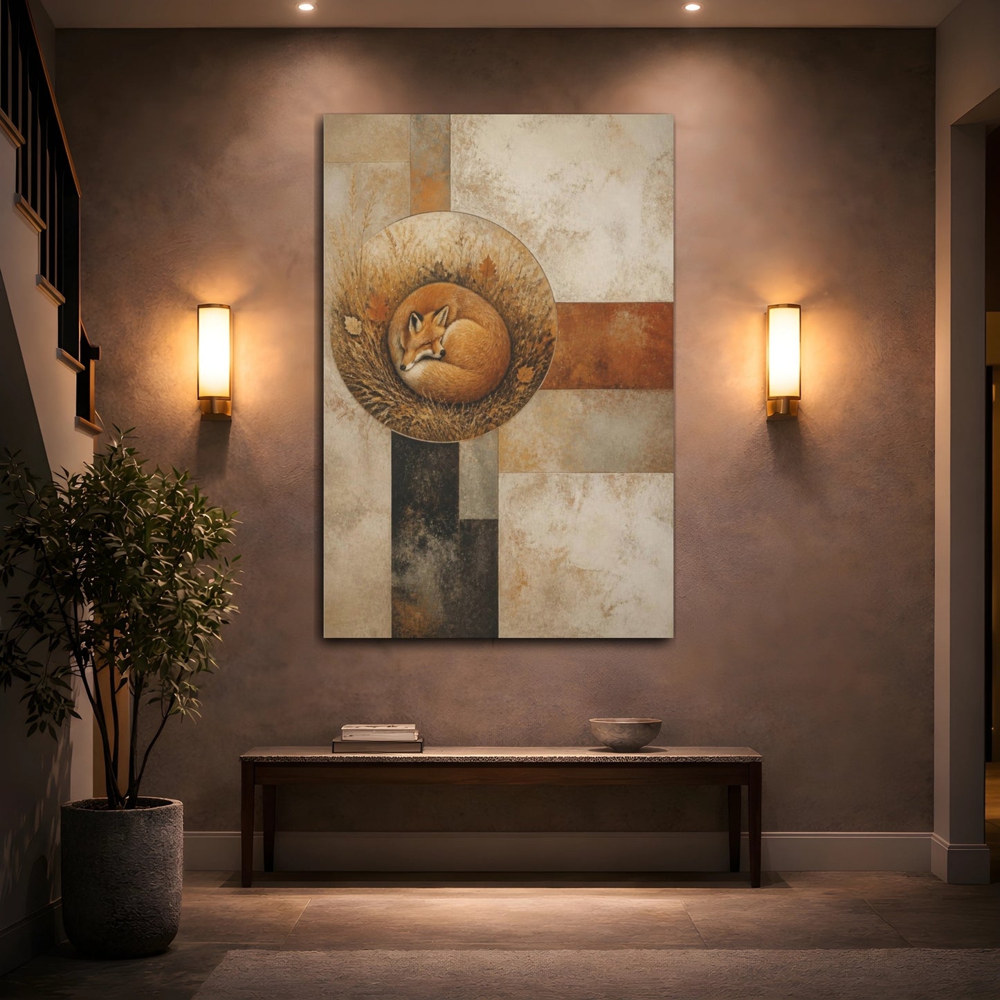 Mockup 2. Modern Curled Fox shown as canvas print