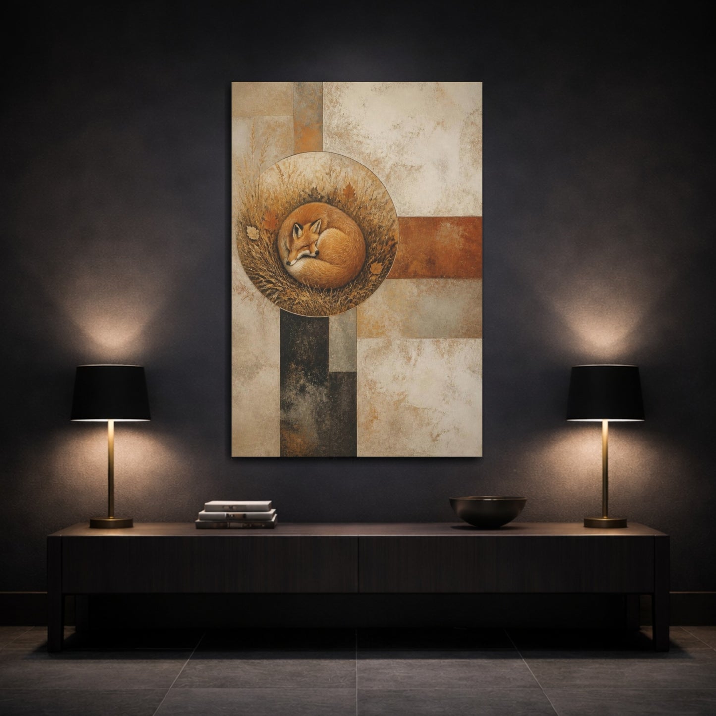 Mockup 3. Modern Curled Fox shown as canvas print