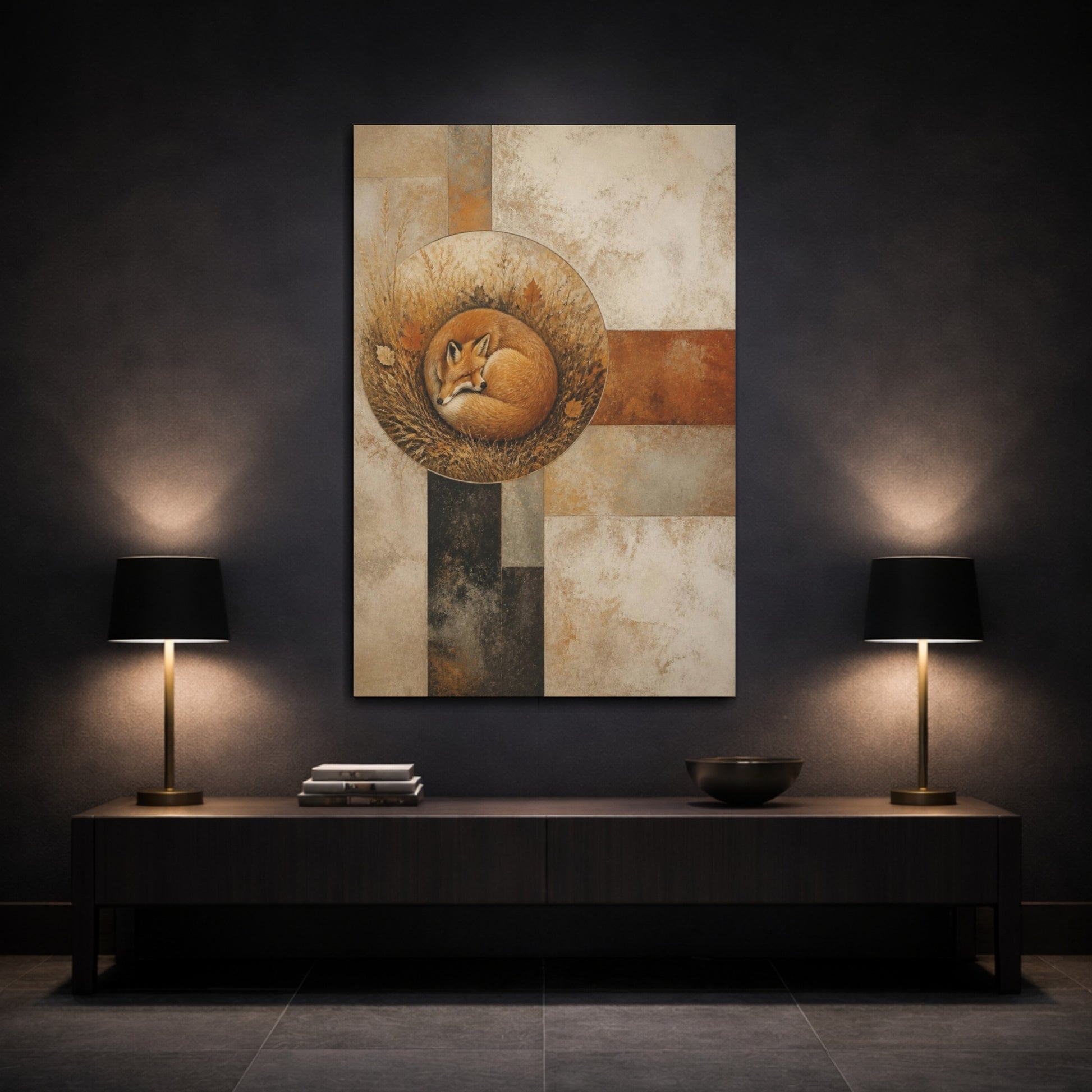 Mockup 3. Modern Curled Fox shown as canvas print