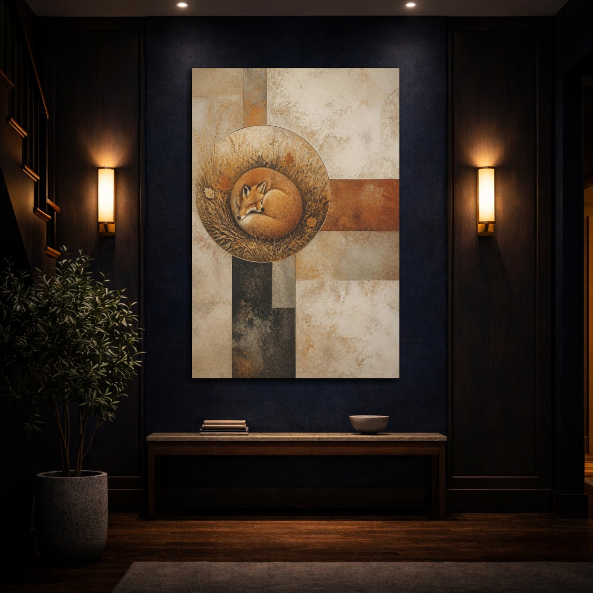 Mockup 4. Modern Curled Fox shown as canvas print