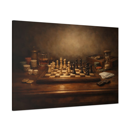 Main Mockup. Modern Dark Table Game Spotlight Scene shown as stretched canvas wall art