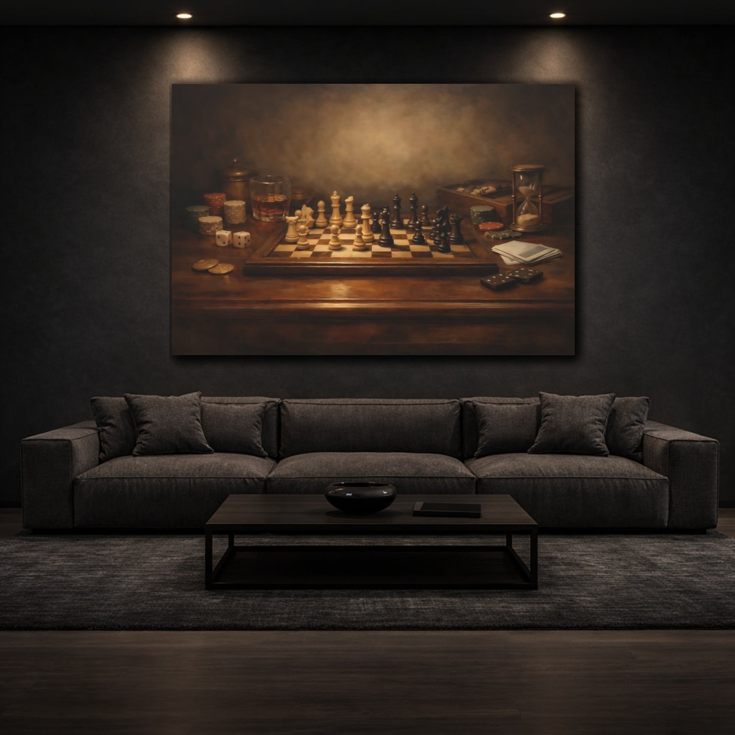 Mockup 2. Modern Dark Table Game Spotlight Scene shown as stretched canvas wall art