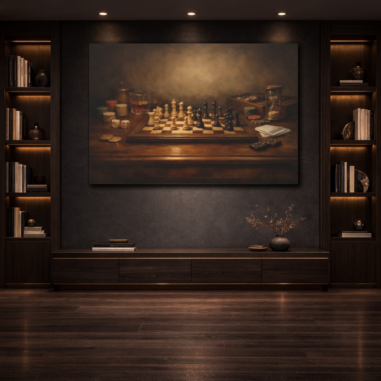 Mockup 3. Modern Dark Table Game Spotlight Scene shown as stretched canvas wall art