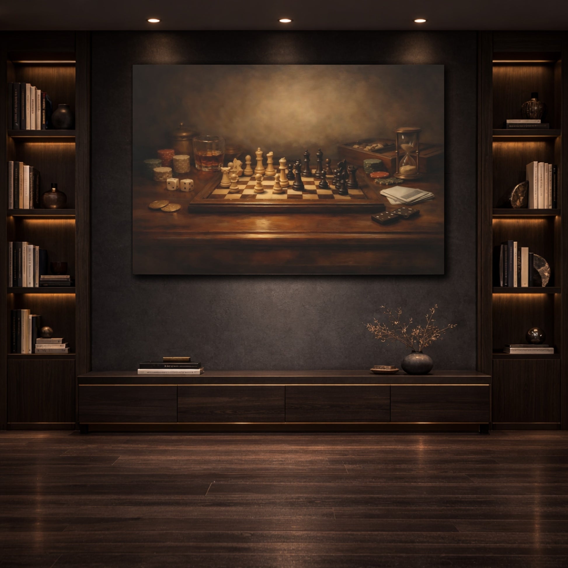 Mockup 3. Modern Dark Table Game Spotlight Scene shown as stretched canvas wall art