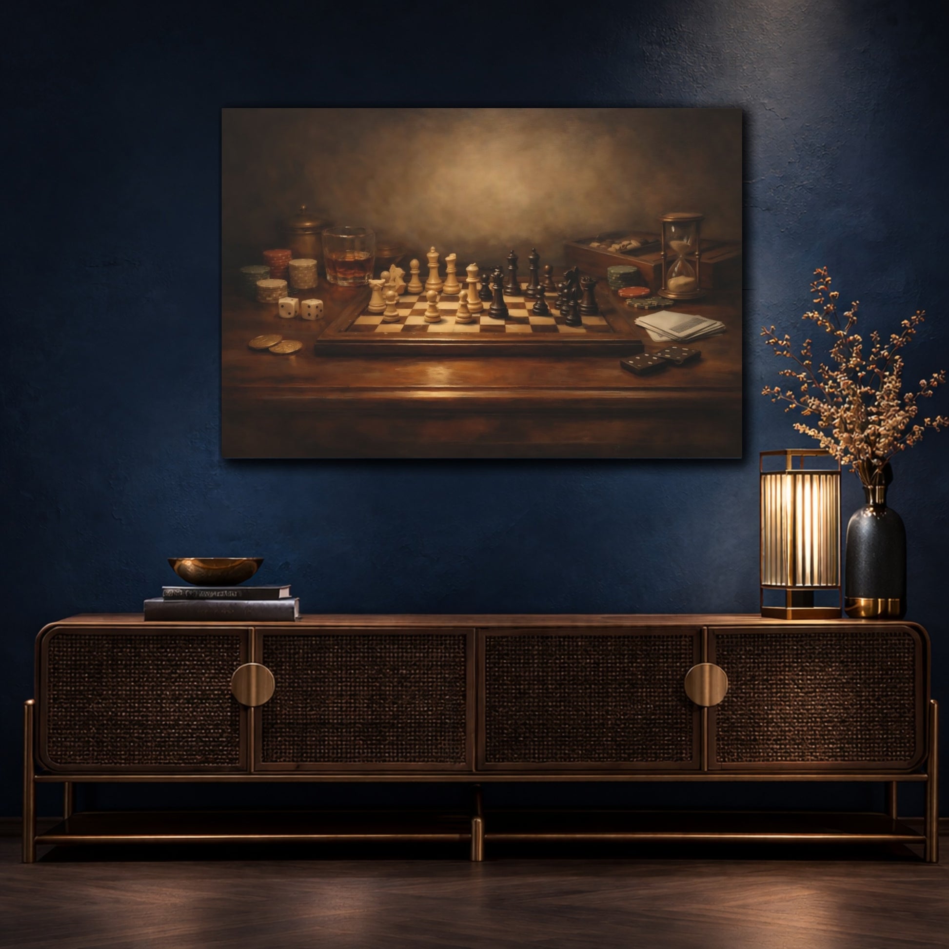 Mockup 4. Modern Dark Table Game Spotlight Scene shown as stretched canvas wall art