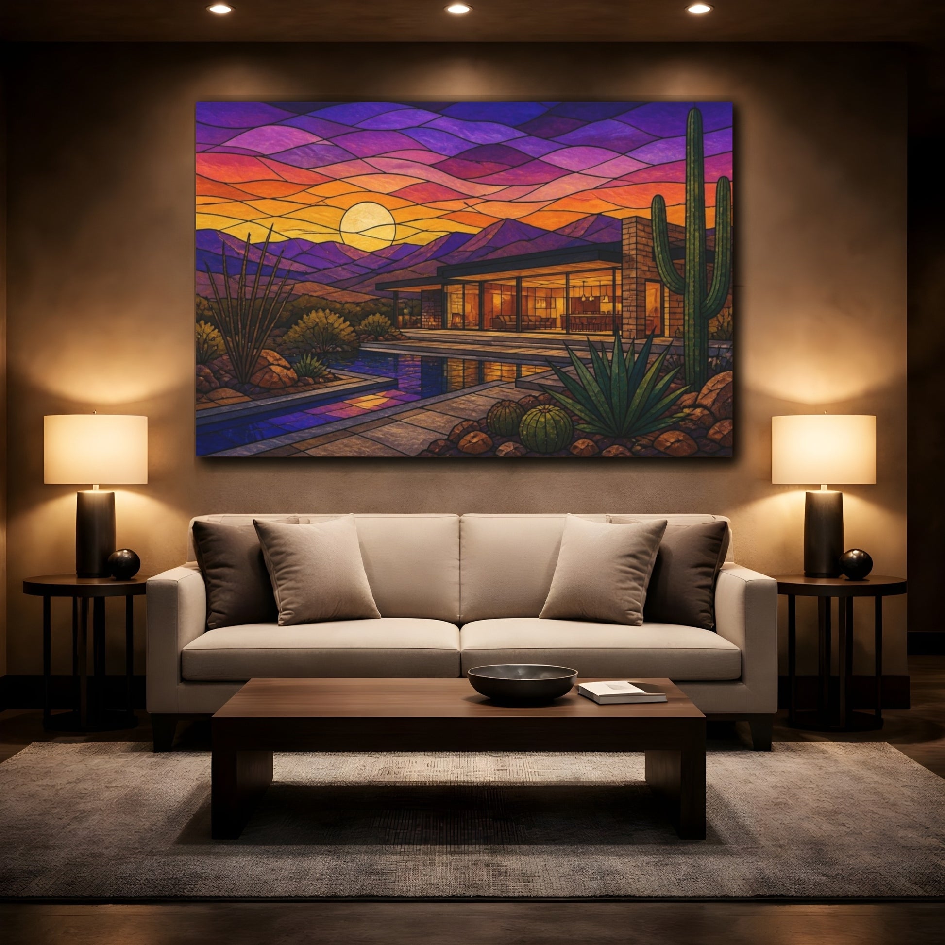 Mockup 2. Modern Desert House Sunset shown as canvas print