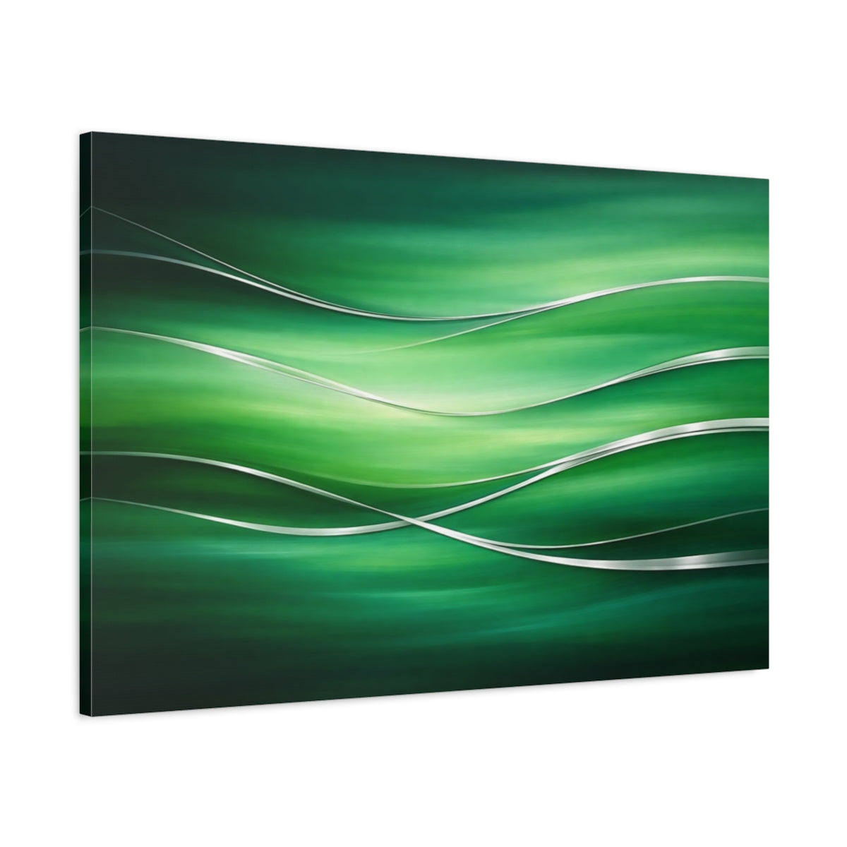 Side Mockup 1. Abstract Abstract Waves Green And Silver shown as stretched canvas wall art