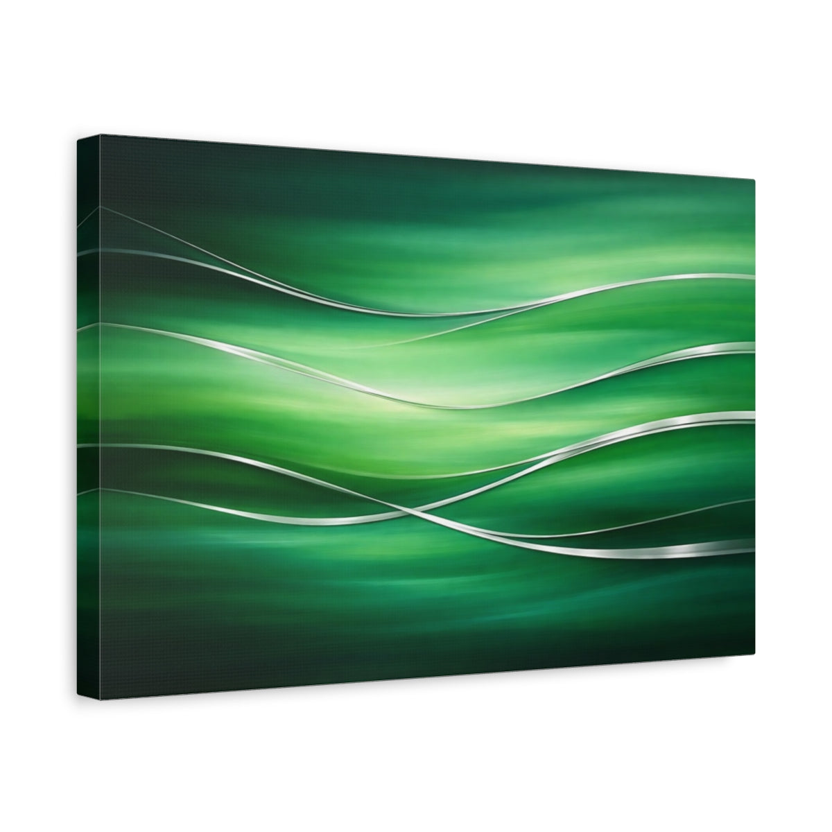 Side Mockup 4. Abstract Abstract Waves Green And Silver shown as stretched canvas wall art