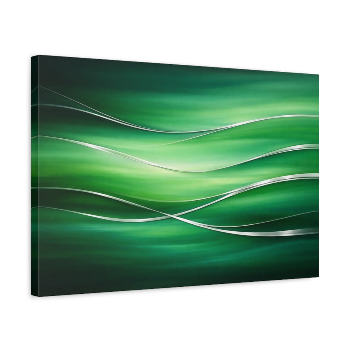 Side Mockup 3. Abstract Abstract Waves Green And Silver shown as stretched canvas wall art