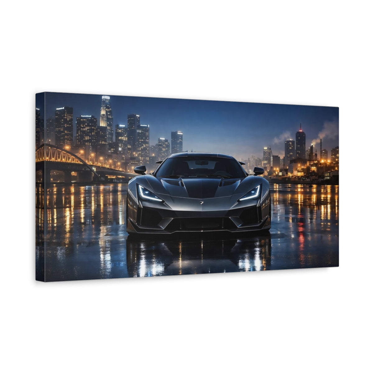 Side Mockup 3. Movies Sports Car Grey Car City shown as stretched canvas wall art