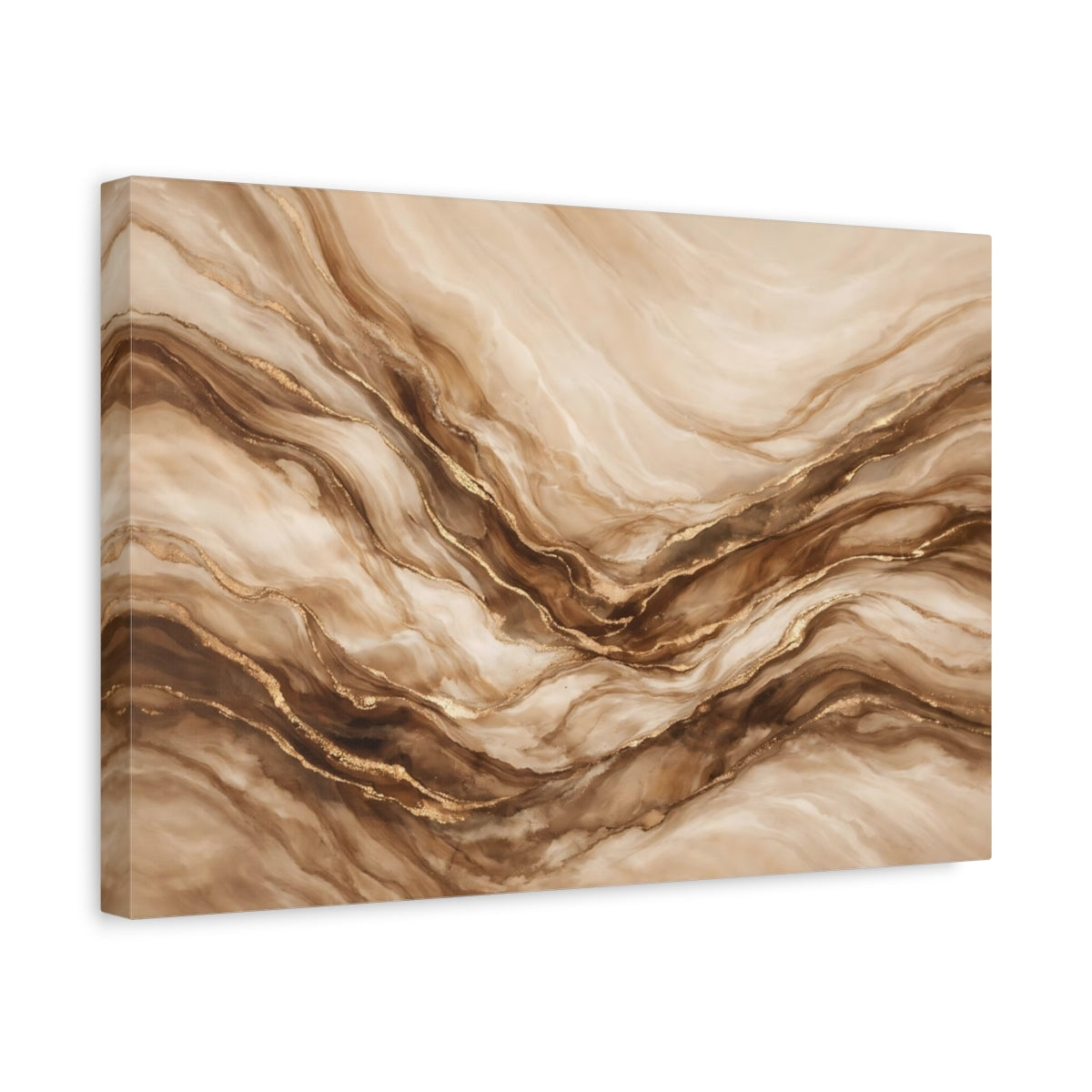 Side Mockup 4. Abstract Marble Texture Beige And Gold shown as stretched canvas wall art