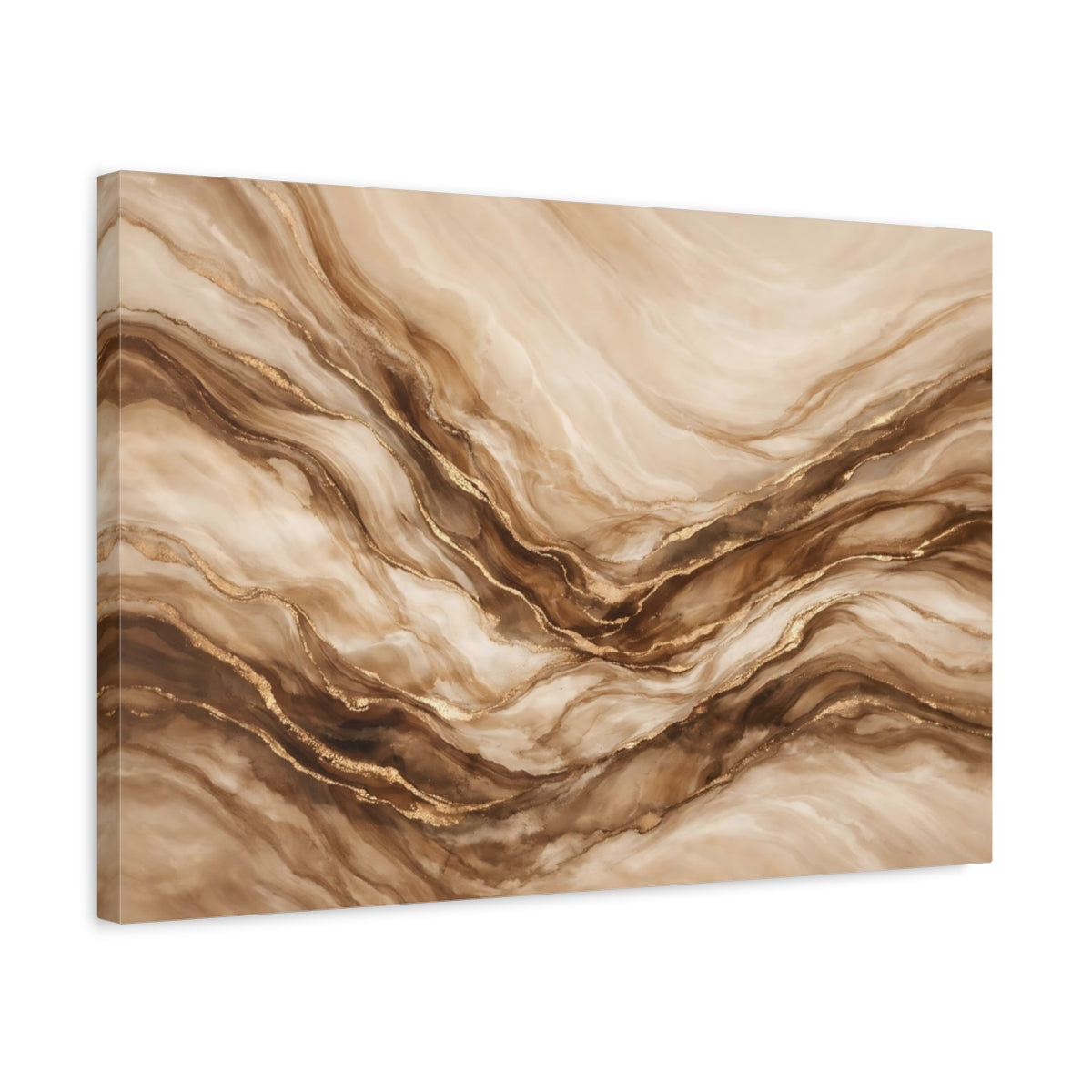 Side Mockup 3. Abstract Marble Texture Beige And Gold shown as stretched canvas wall art
