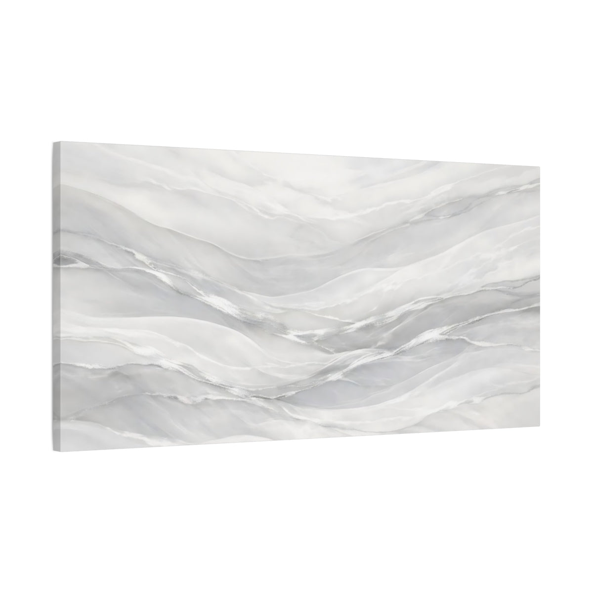 Side Mockup 1. Abstract Abstract Waves White And Silver shown as stretched canvas wall art
