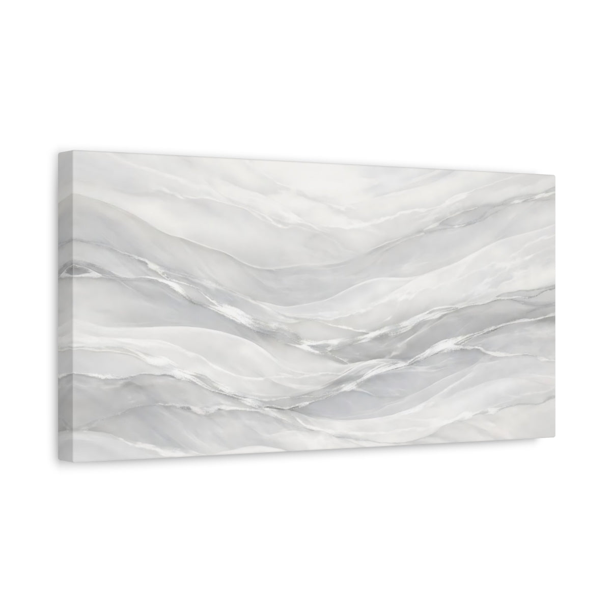 Side Mockup 3. Abstract Abstract Waves White And Silver shown as stretched canvas wall art