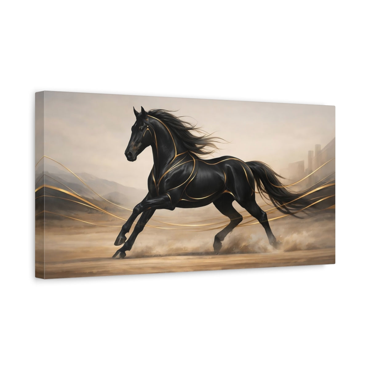 Side Mockup 3. Animals Galloping Horse Black And Gold Horse shown as stretched canvas wall art