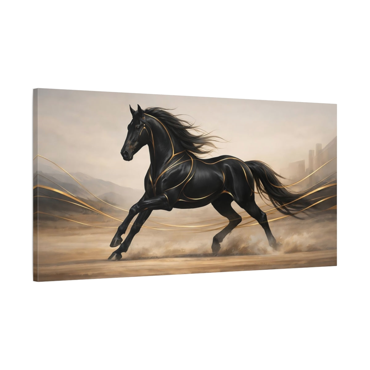 Side Mockup 1. Animals Galloping Horse Black And Gold Horse shown as stretched canvas wall art