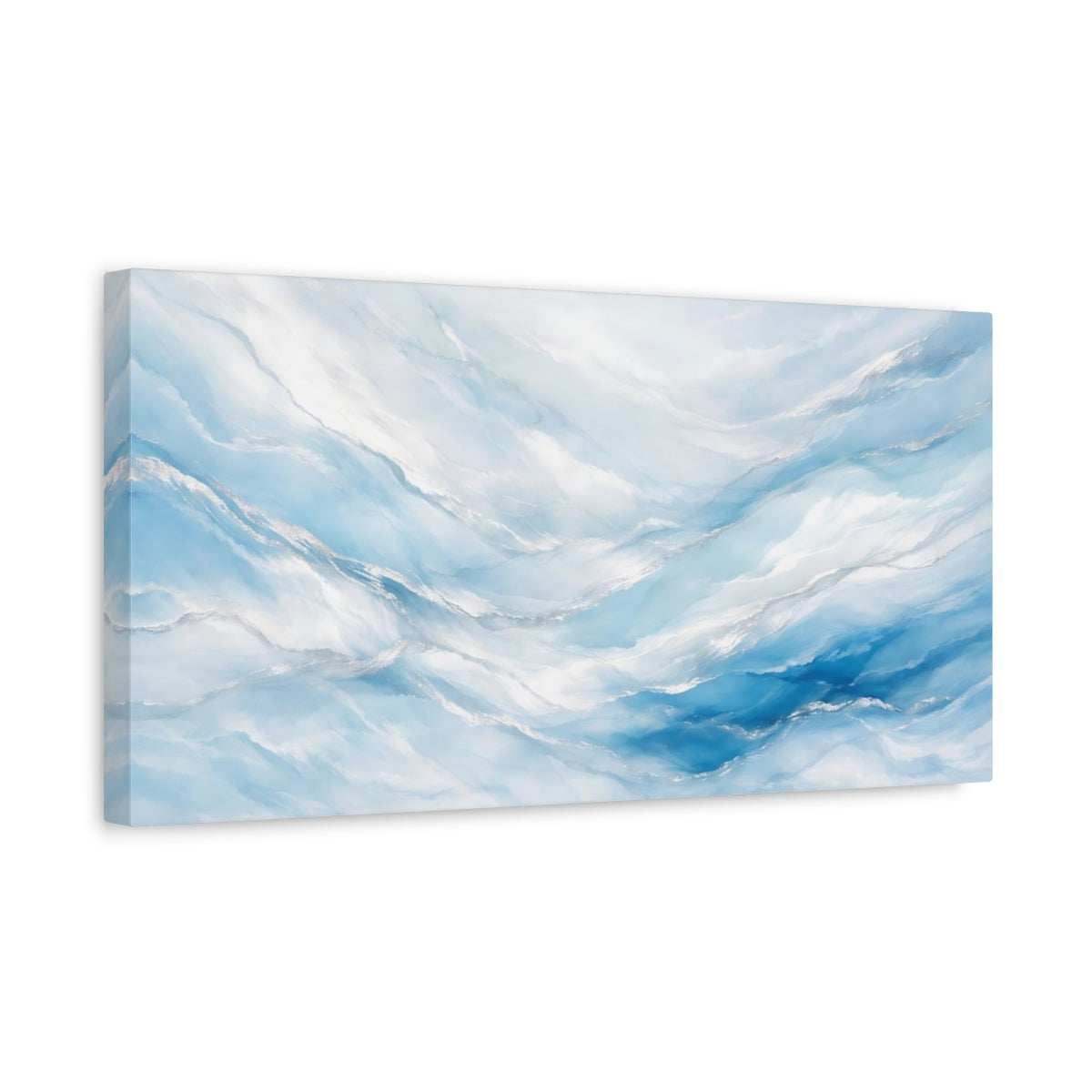 Side Mockup 3. Abstract Abstract Flow Abstract Blue Silver shown as stretched canvas wall art